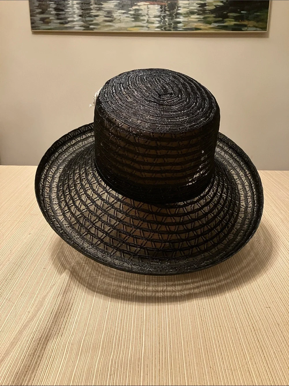 Elegant Black Women's Wide-Brim Hat with Silver Rhinestone Beaded Motif Accents